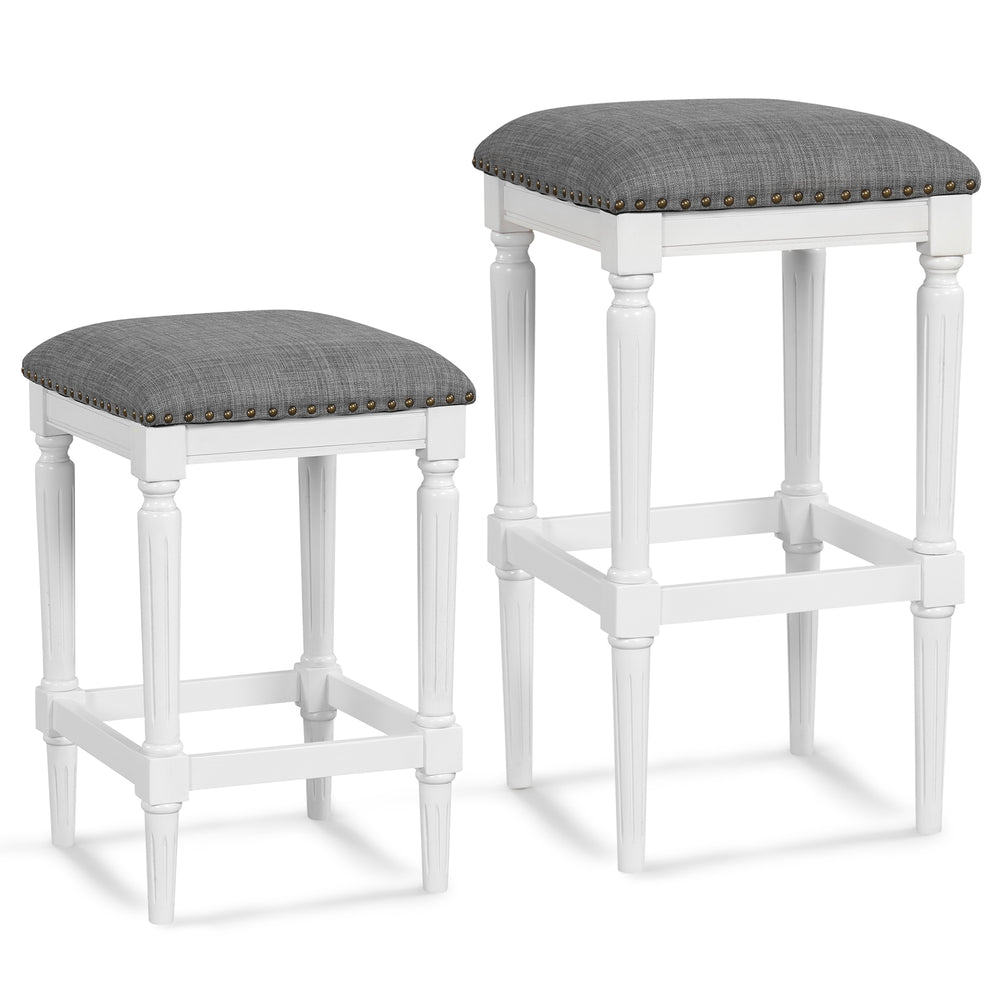 Set of 2 square saddle stools in gray with padded seats, solid rubber wood frame, and adjustable foot pads for.