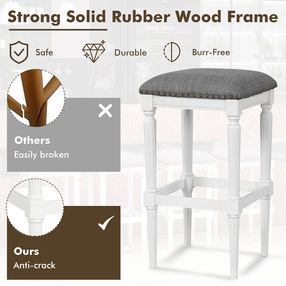Gray padded seat bar stool set of 2 with solid rubber wood frame and footrests, perfect for kitchen or dining use.