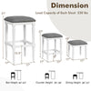 3 heights of gray padded saddle stools with footrests, solid rubber wood frame, perfect for kitchen or dining use.