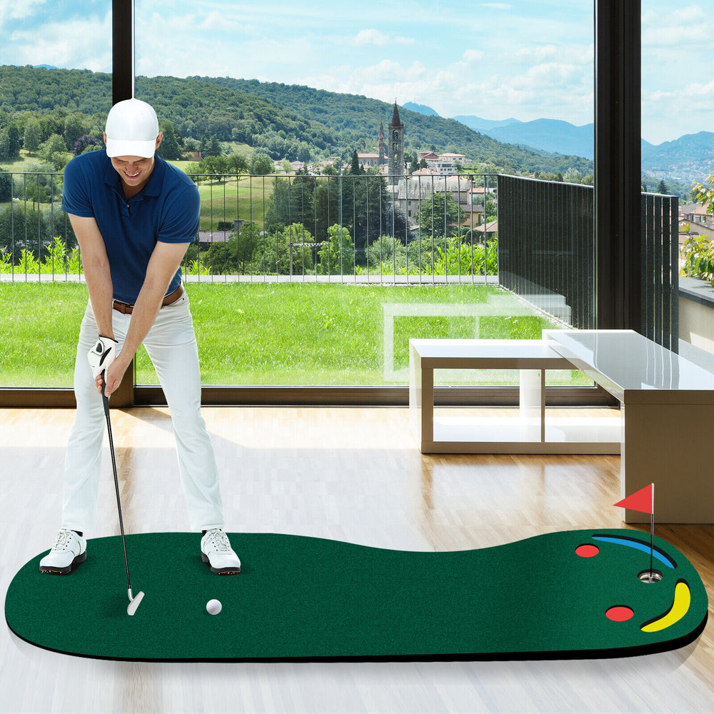 Indoor golf putting green set with training aid cup, anti-skid backing, and true-roll surface for skill improvement.