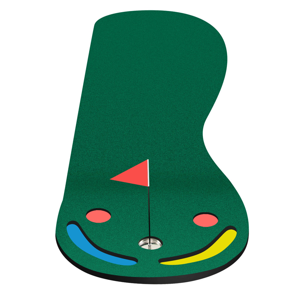 Golf putting green set with training aid cup, true-roll surface, and anti-skid backing for indoor or outdoor practice.
