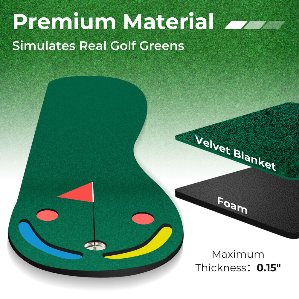 Golf putting green set showcasing premium material with true-roll surface, anti-skid backing for indoor and outdoor use.