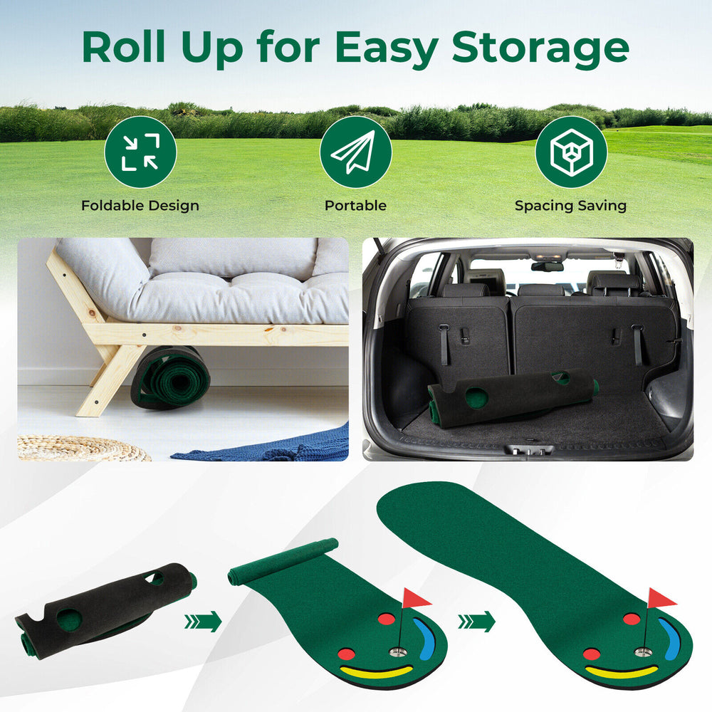 Golf putting green set featuring a foldable design, portable for indoor or outdoor use, with anti-skid backing.