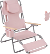 Foldable pink beach chair with adjustable backrest, footrest, and cup holders, perfect for sunbathing and outdoor.