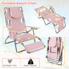 Foldable pink beach chair with adjustable backrest and footrest, perfect for sunbathing and outdoor relaxation.