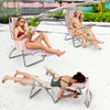 3-in-1 foldable beach chair in pink, featuring adjustable backrest and footrest, perfect for sunbathing and lounging.