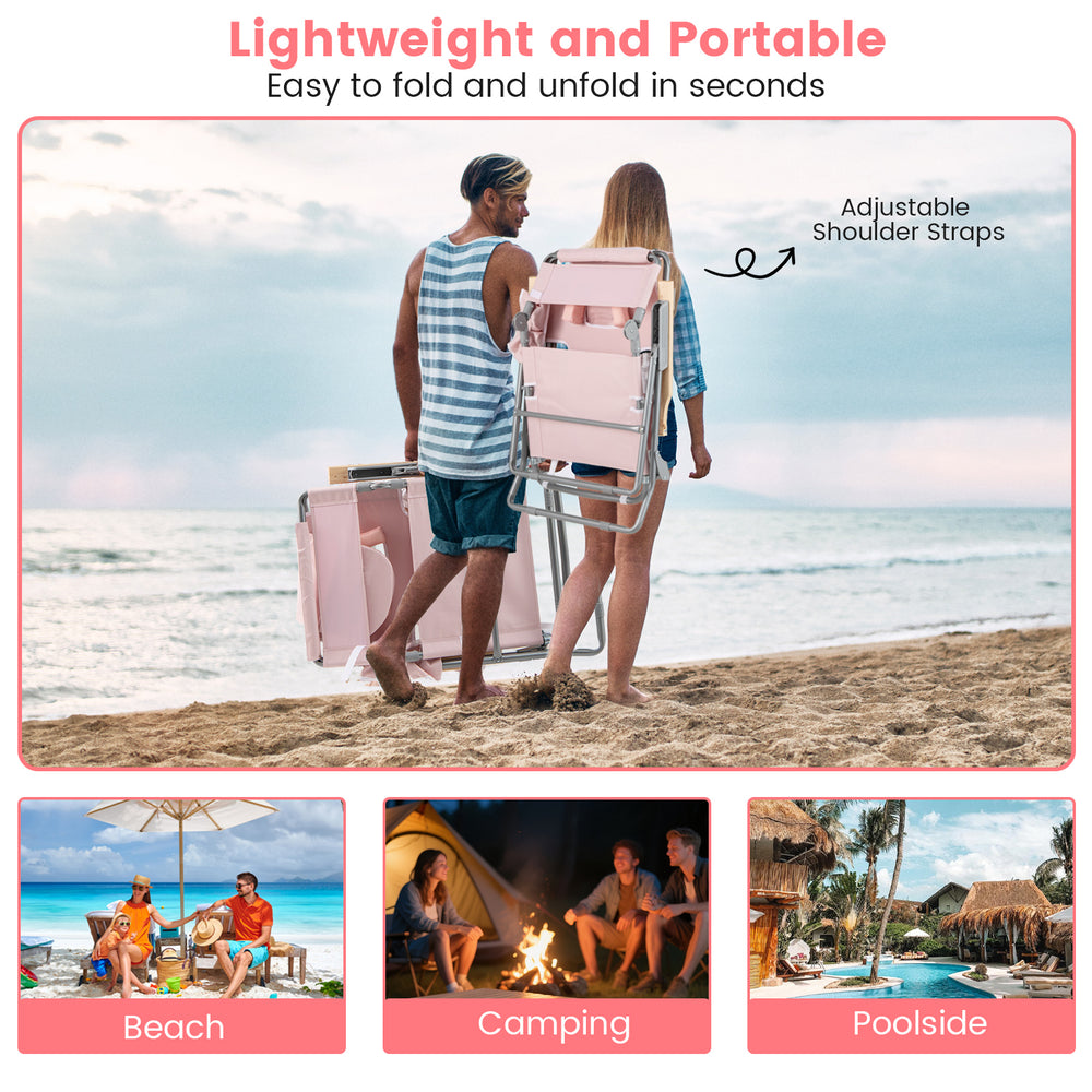 Pink 3-in-1 foldable beach chair featuring adjustable shoulder straps and a towel bar, ideal for effortless outdoor.