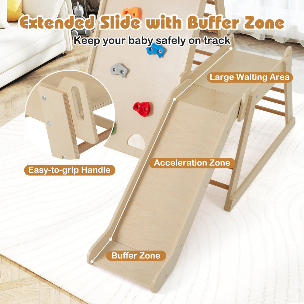 Extended slide with buffer zone and easy-to-grip handle for safe play in the 3-in-1 jungle gym for toddlers.