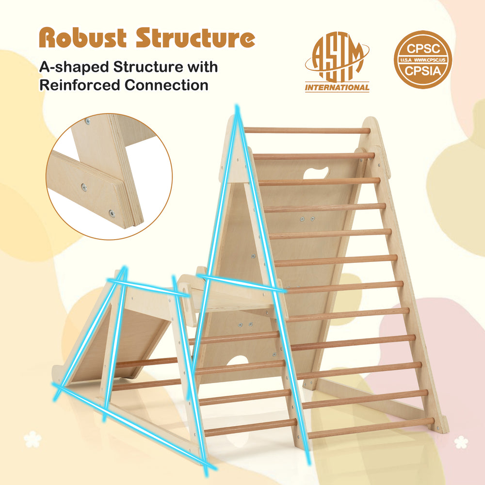 A-shaped structure of the 3-in-1 jungle gym with reinforced connections, designed for toddler safety and durability.