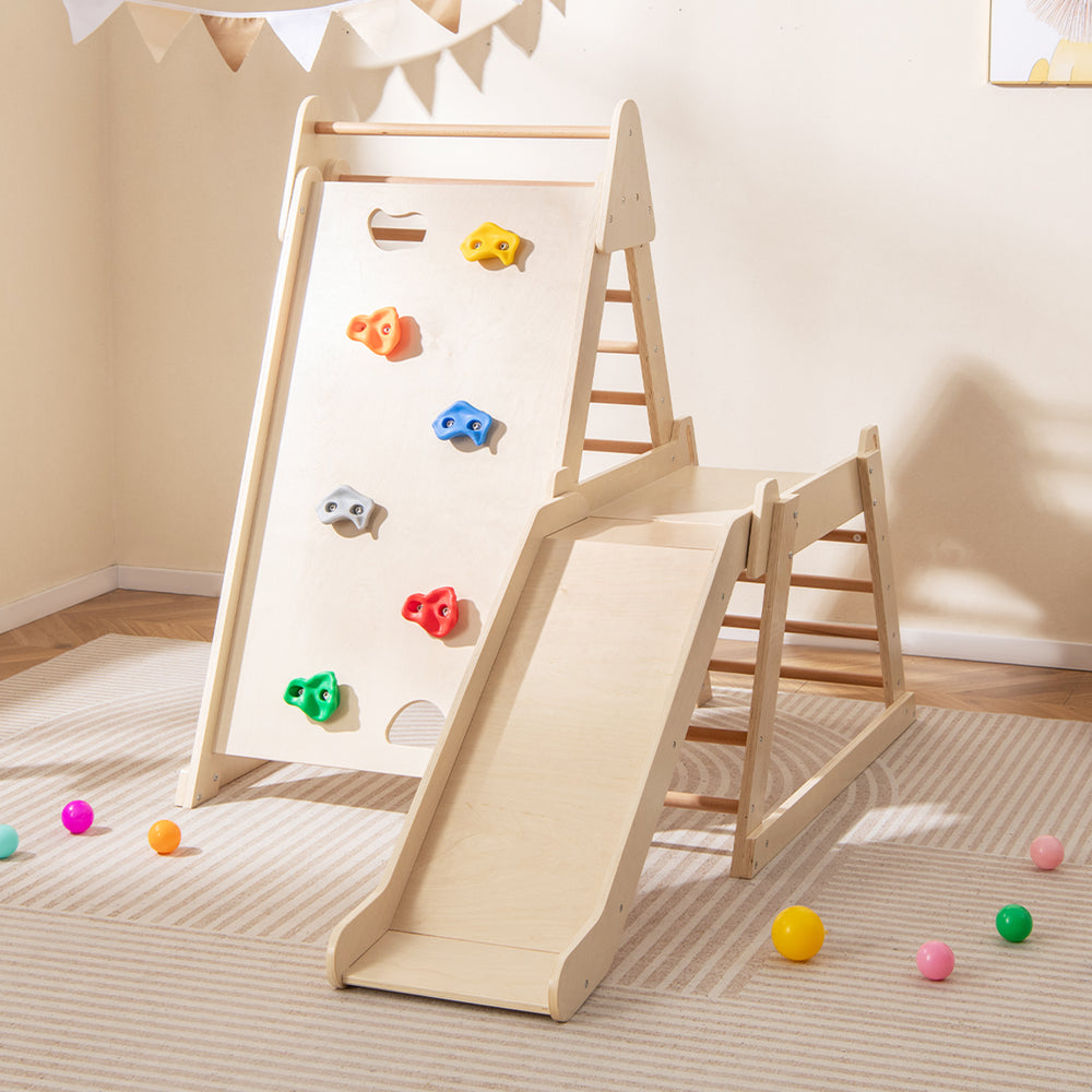 3-in-1 indoor jungle gym with climbing ramp, slide, and beech wood structure for toddlers' play and motor skill.