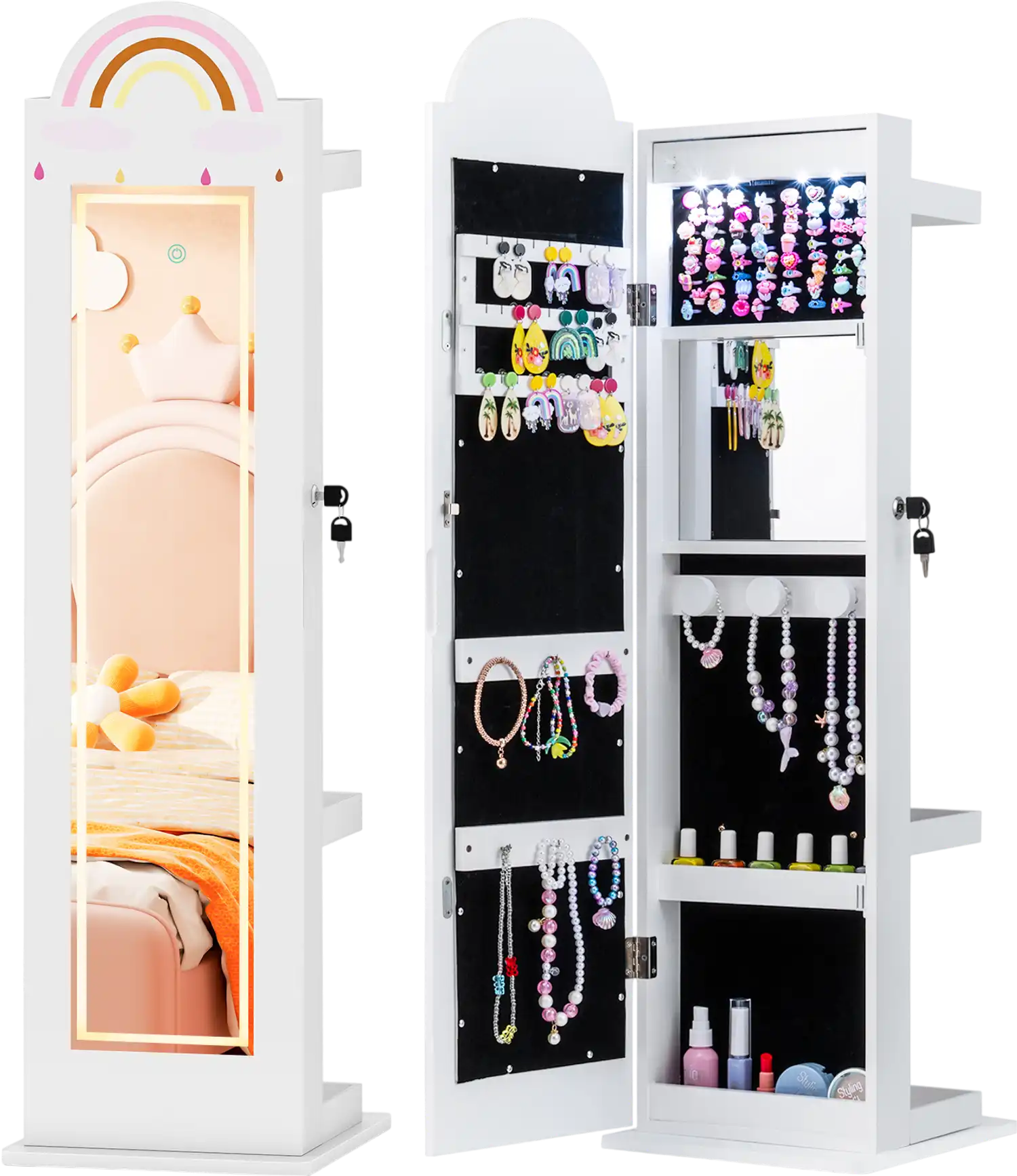 Costway 3-in-1 Kids Jewelry Cabinet Armoire w/ 3-Color Lighted Mirror 24378130 New