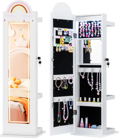 Costway 3-in-1 Kids Jewelry Cabinet Armoire w/ 3-Color Lighted Mirror 24378130 New