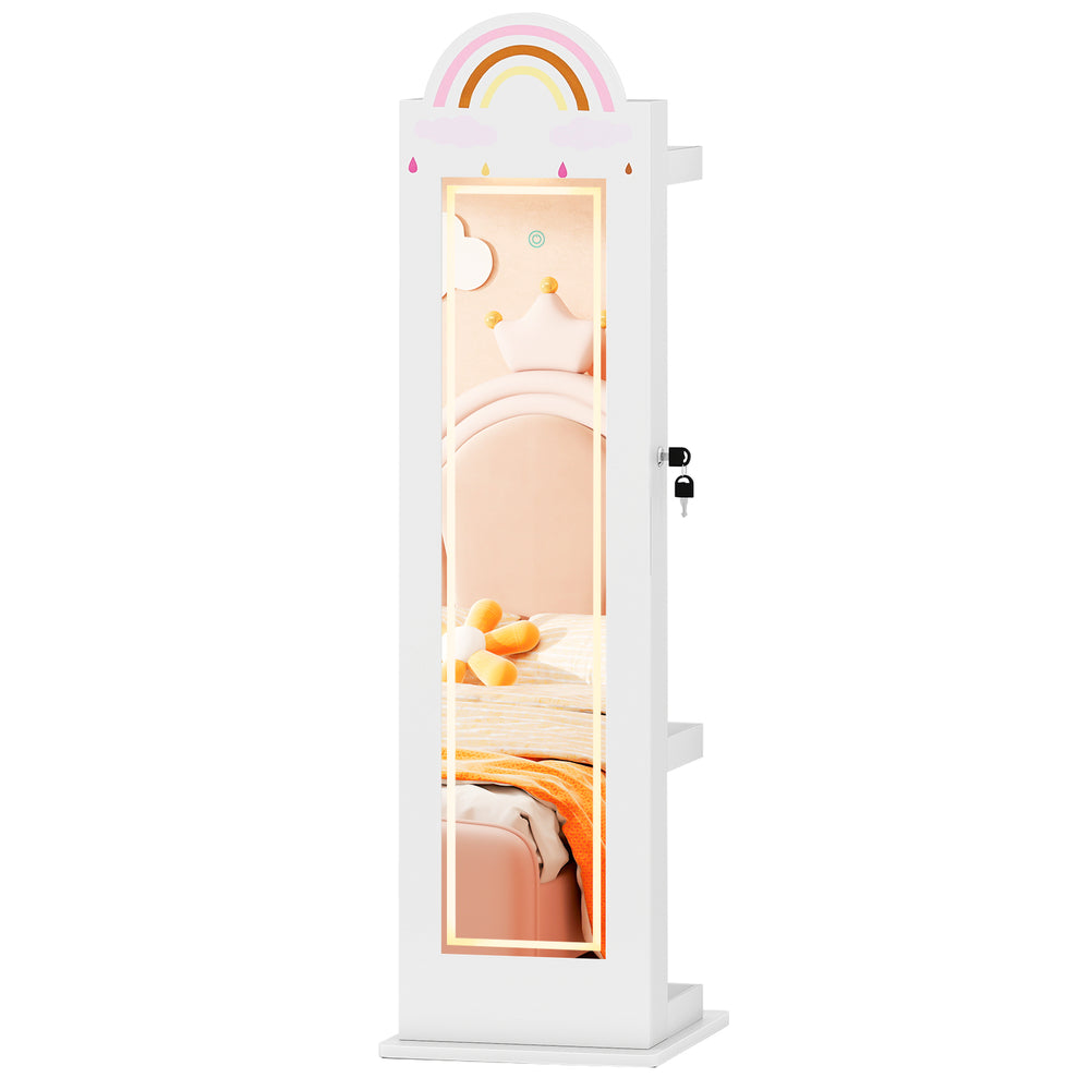 Freestanding kids jewelry armoire with rainbow design, adjustable LED mirror, and ample storage for accessories.