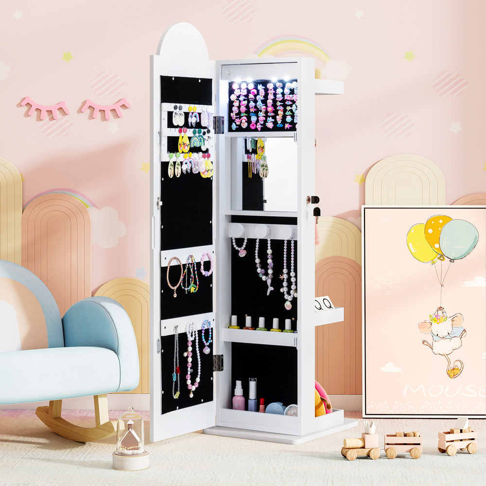Freestanding kids jewelry cabinet in white with adjustable LED mirror, ample storage, and charming rainbow design.