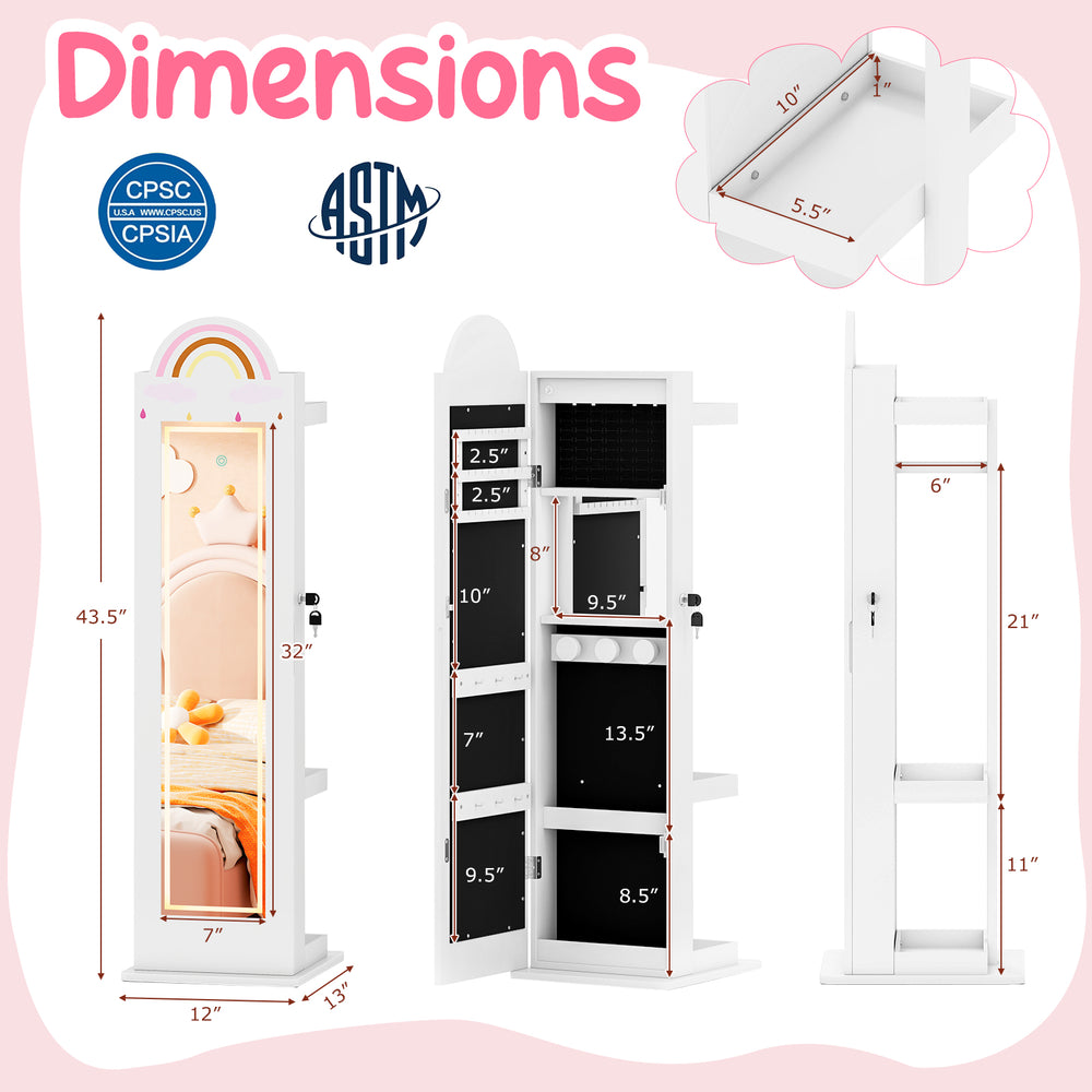 Freestanding kids jewelry armoire with a 3-color lighted mirror, ample storage, and charming rainbow design for playful.