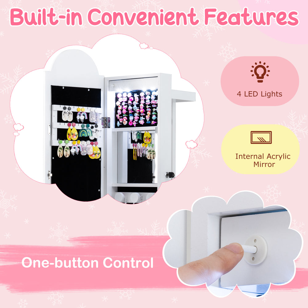 Kids jewelry cabinet with adjustable 3-color LED lights, internal mirror, and ample storage for accessories.