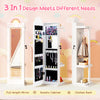 Freestanding 3-in-1 kids jewelry cabinet in white with full-length mirror, storage shelves, and clothes rack for.