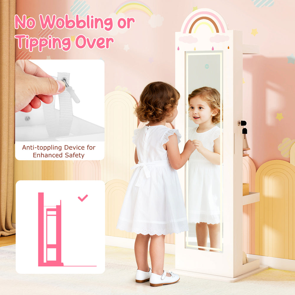 Freestanding kids jewelry armoire with a white finish, adjustable 3-color mirror, and anti-toppling device for safety.