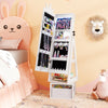 Kids jewelry cabinet with full-length mirror, LED lights, and crown design for organized storage in white.