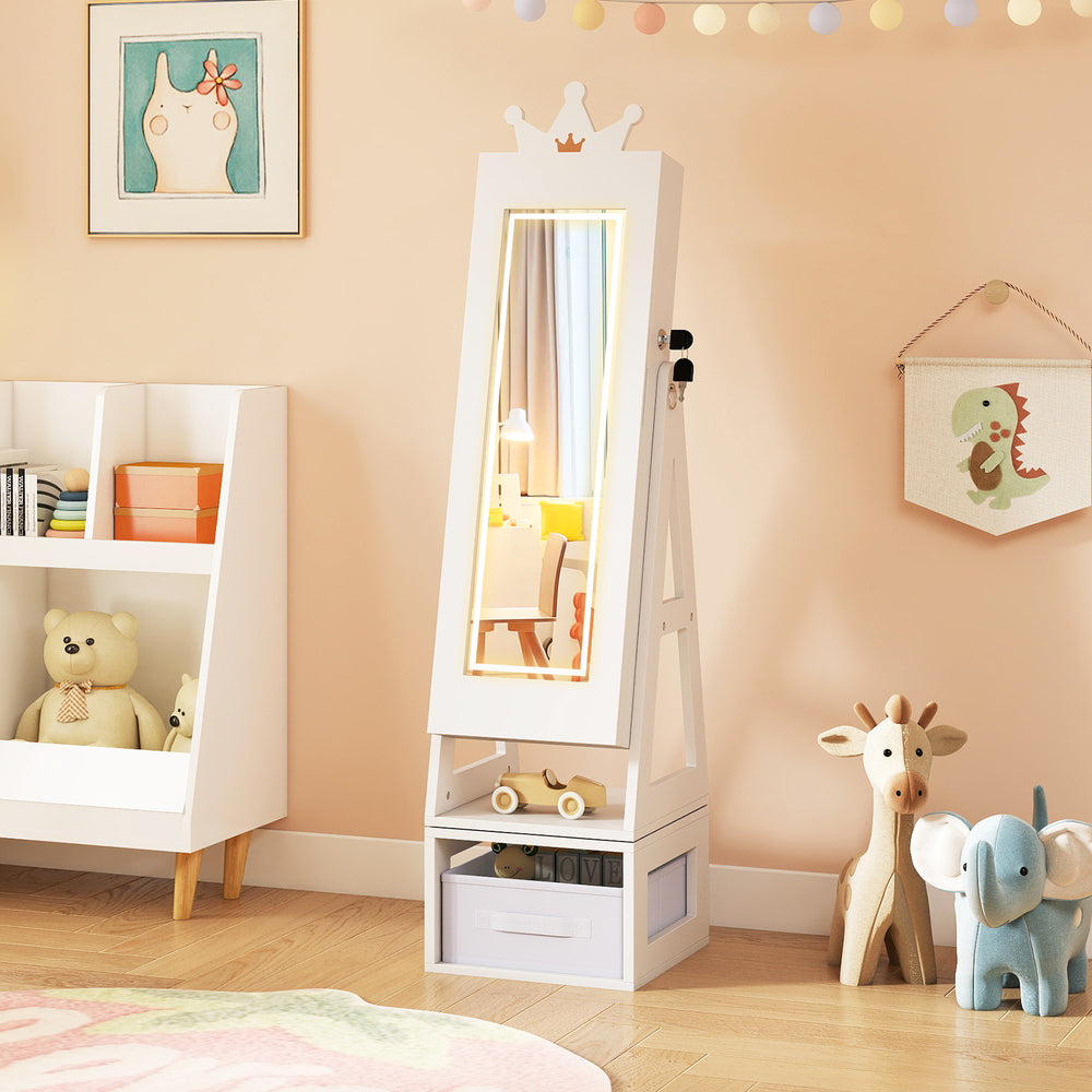 Kids jewelry cabinet with full-length mirror, 3-color lighting, and storage, designed for fun and functionality.