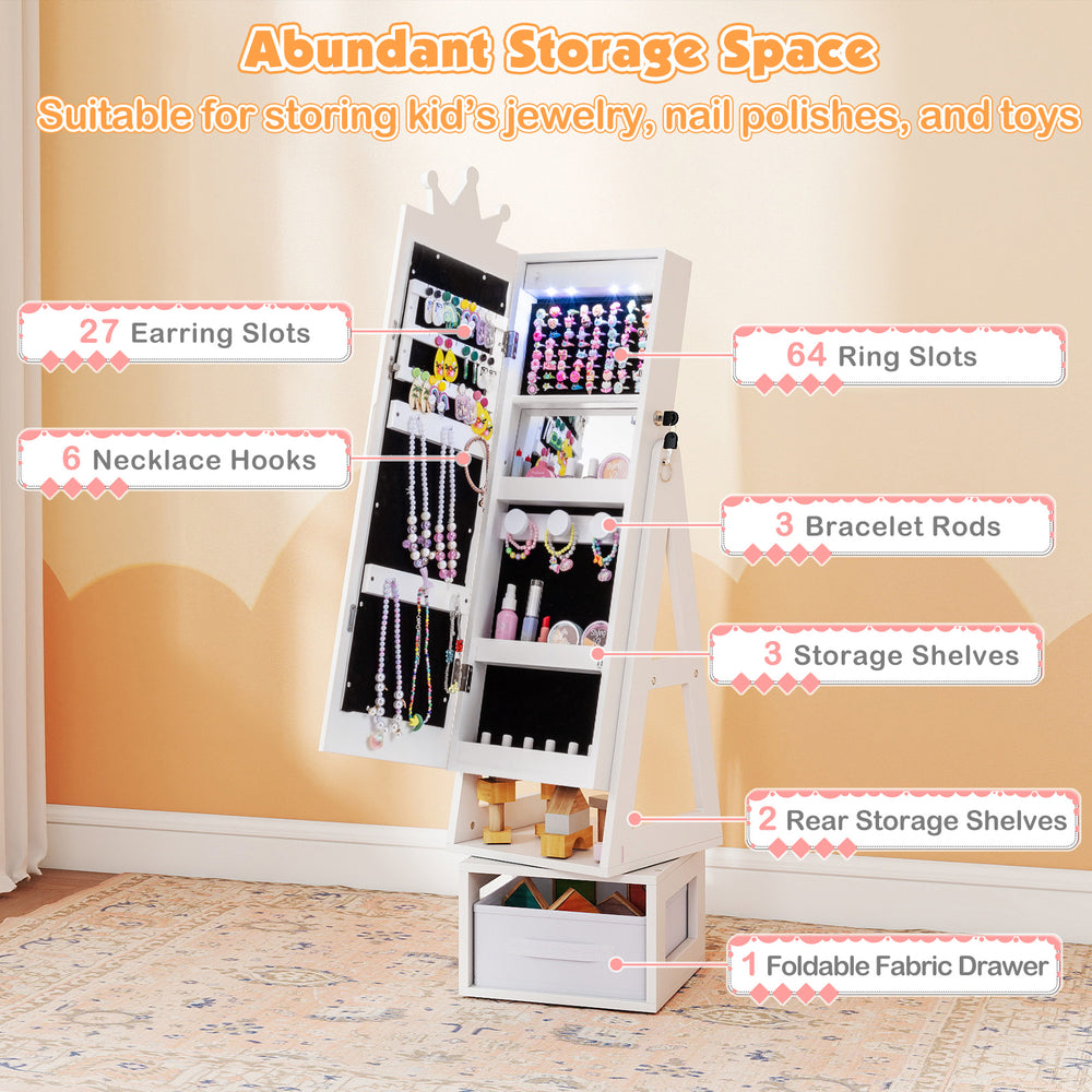 Kids jewelry cabinet with full-length mirror, 27 earring slots, and 64 ring slots, perfect for organizing accessories.