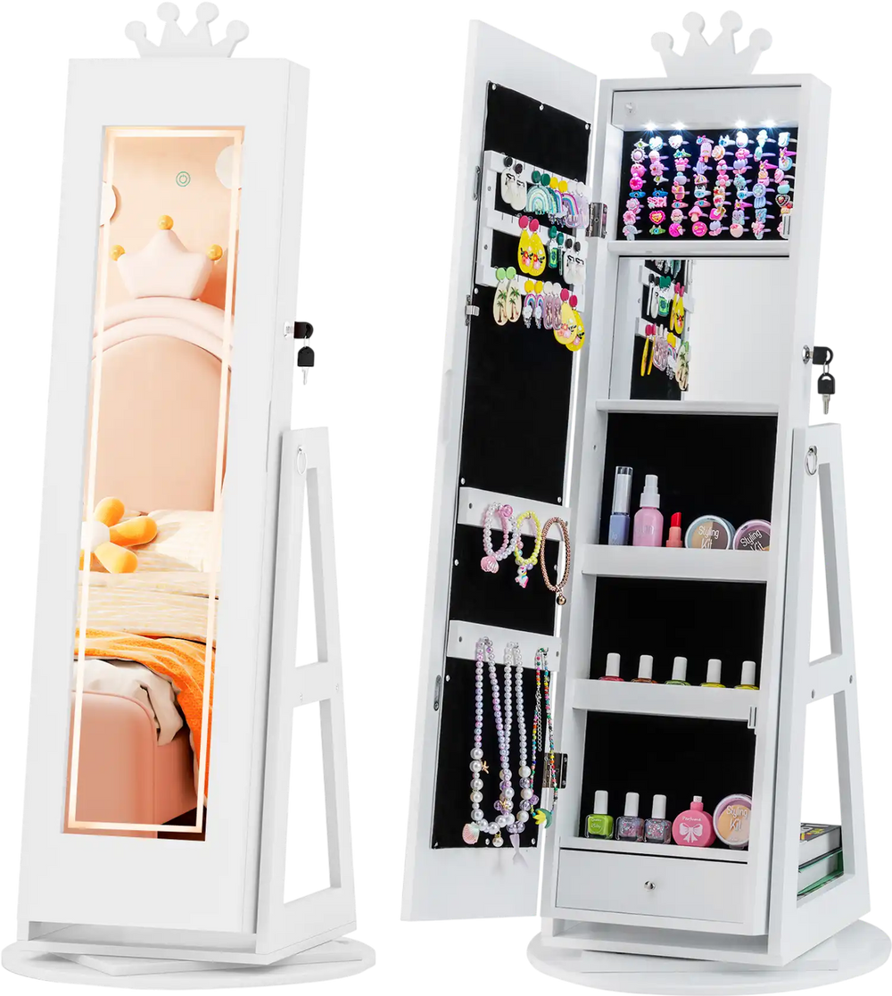 Kids jewelry cabinet with full-length mirror, 3 lighting modes, and extensive storage for accessories in white.