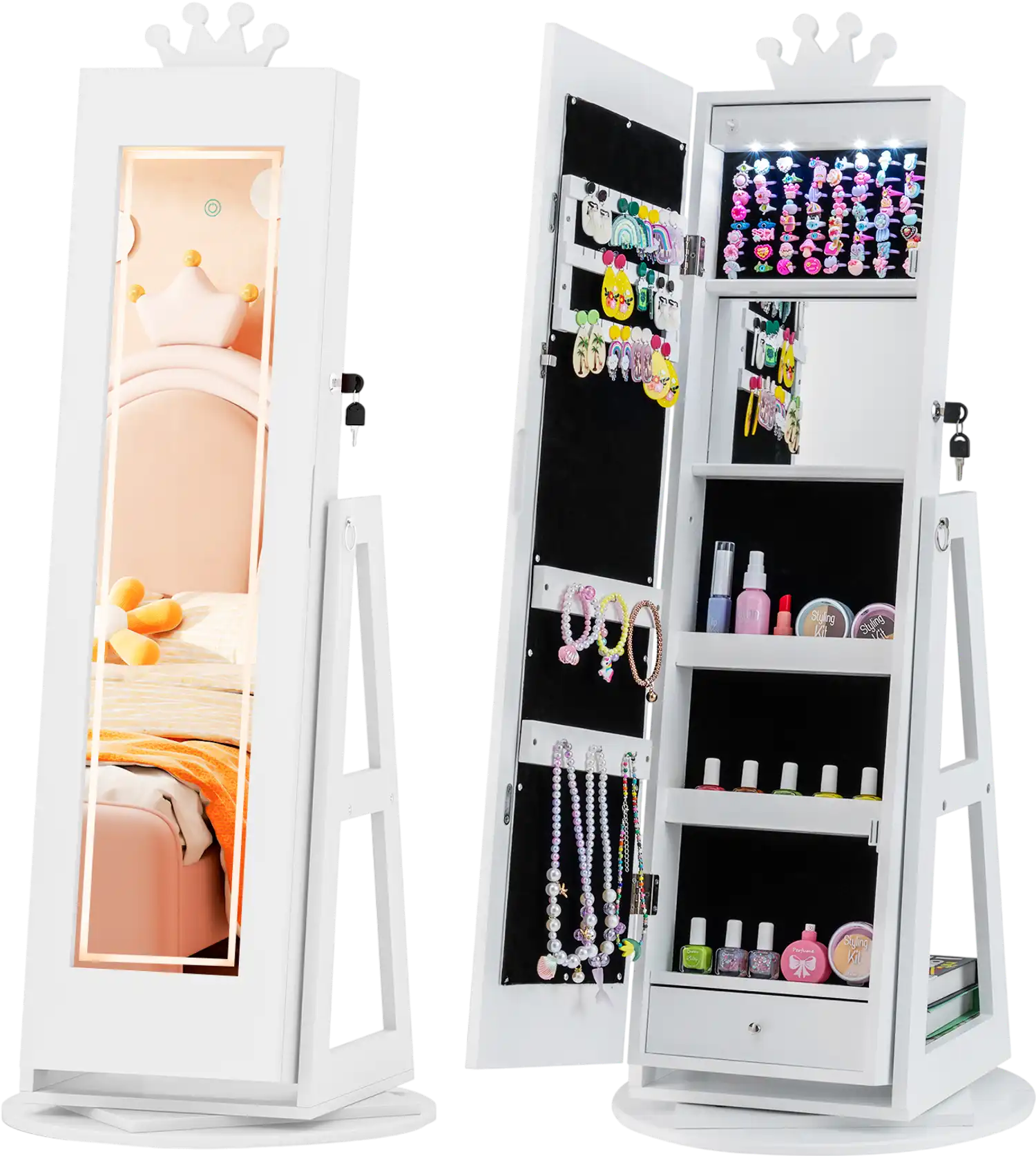 Costway 3-in-1 Kids Jewelry Cabinet w/ 3-Color Lighted Full Length Mirror 32320176 New