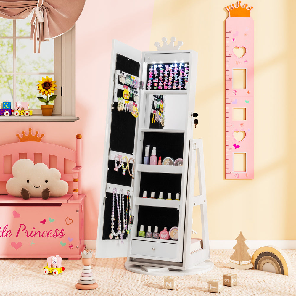 Kids jewelry cabinet with full-length mirror, 3 lighting modes, and extensive storage in white, perfect for young users.