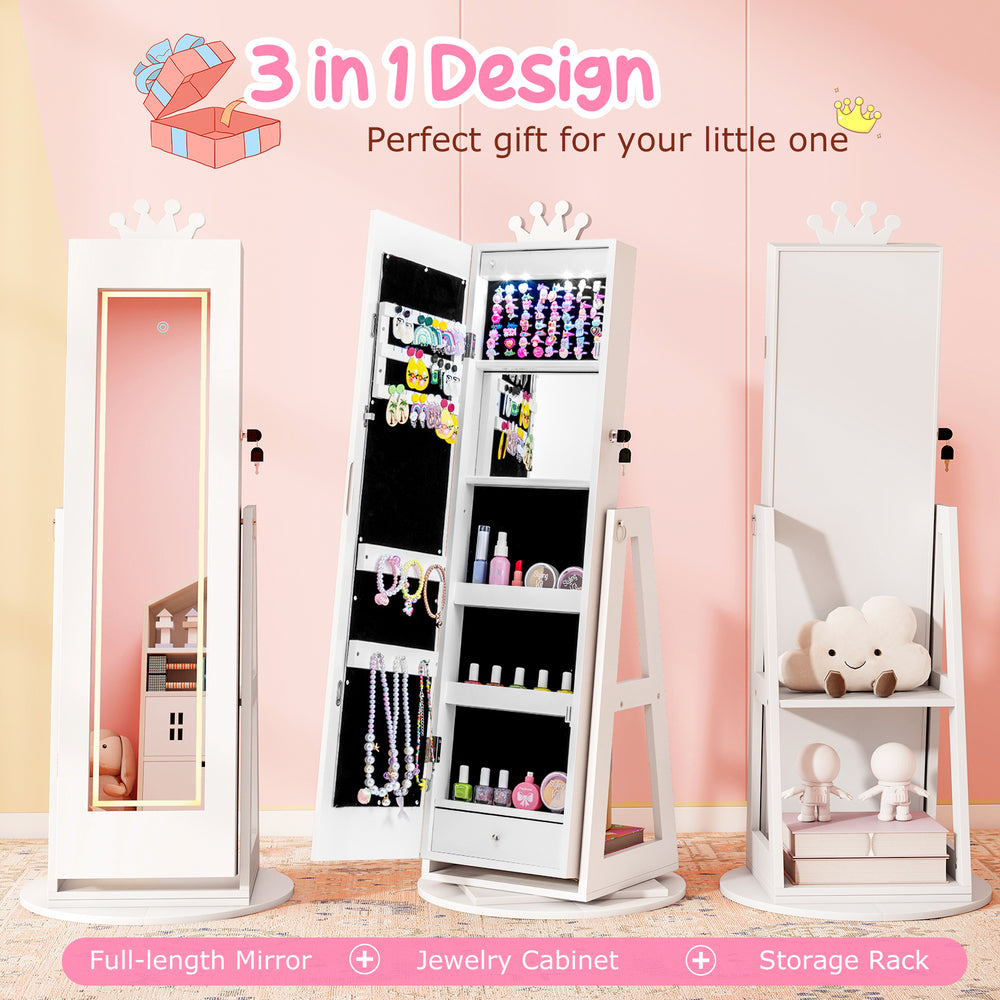 Kids jewelry cabinet with full-length mirror, 3 lighting modes, and rotating design for easy access and storage.