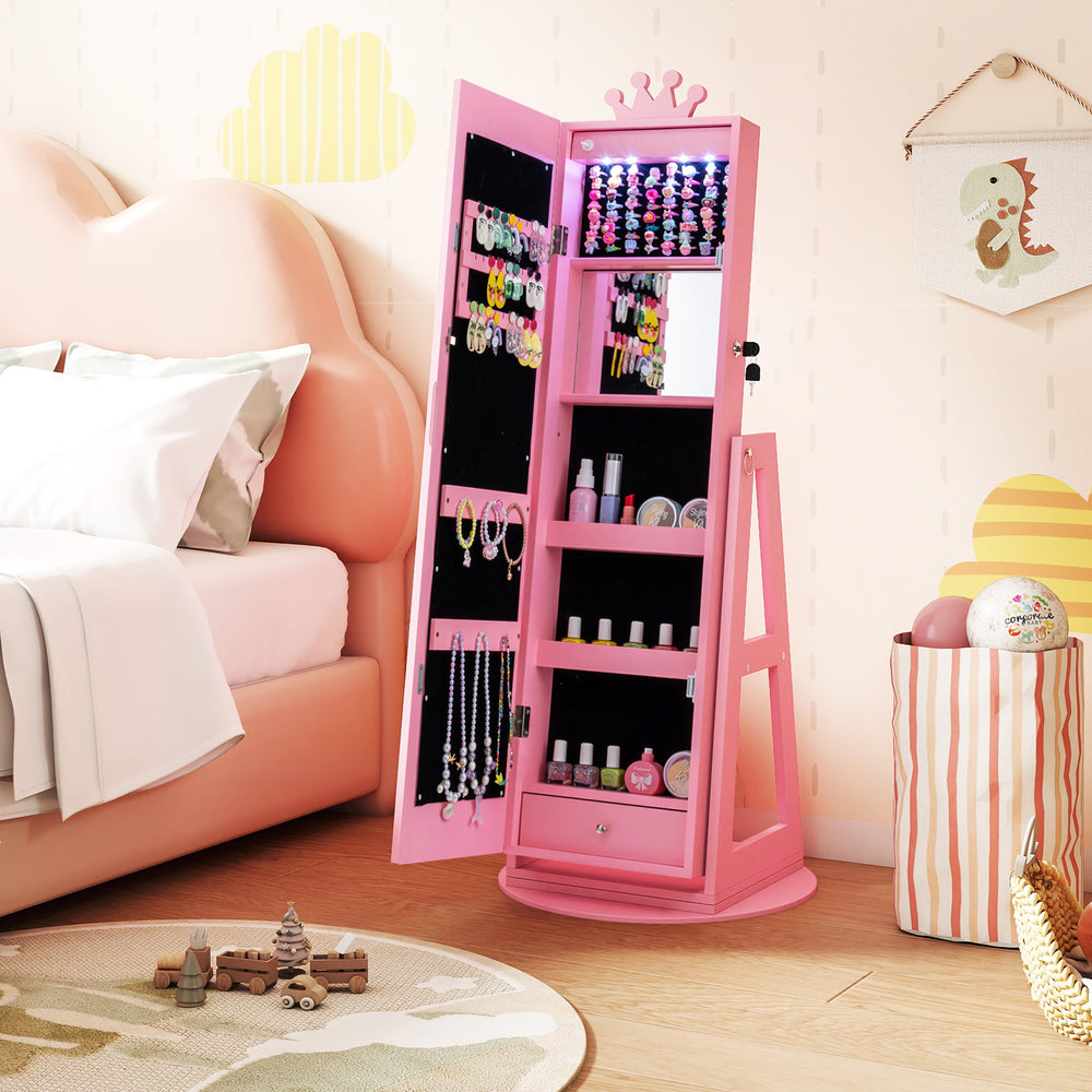 3 In 1 Kids Jewelry Cabinet with 3-Color Lighted Full Length Mirror and Internal Mirror-Pink - Gallery View 1 of 12