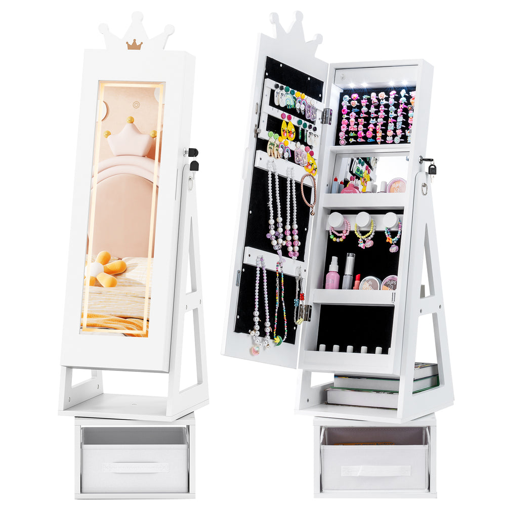 Kids jewelry cabinet with full-length mirror, 3 lighting modes, and extensive storage for accessories in white finish.