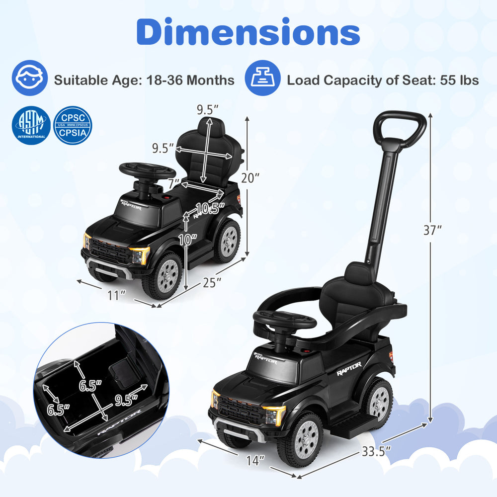 Costzon 3-in-1 licensed Ford push car dimensions with detachable handle, suitable for toddlers 18-36 months, 55 lbs.