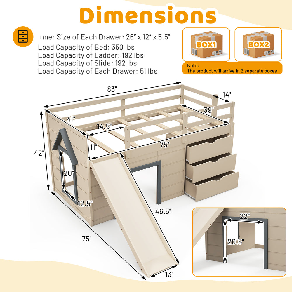 Dimensions of the 3-in-1 twin loft bed with slide, ladder, and drawers in beige, designed for kids and teens.