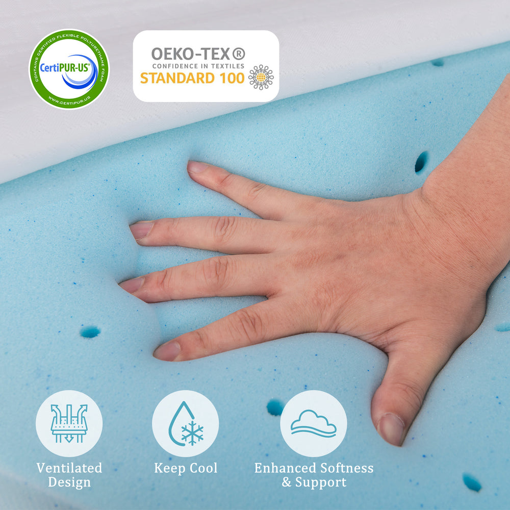 Close-up of the 3-inch gel-infused memory foam mattress topper, featuring cooling properties and a breathable cover for.