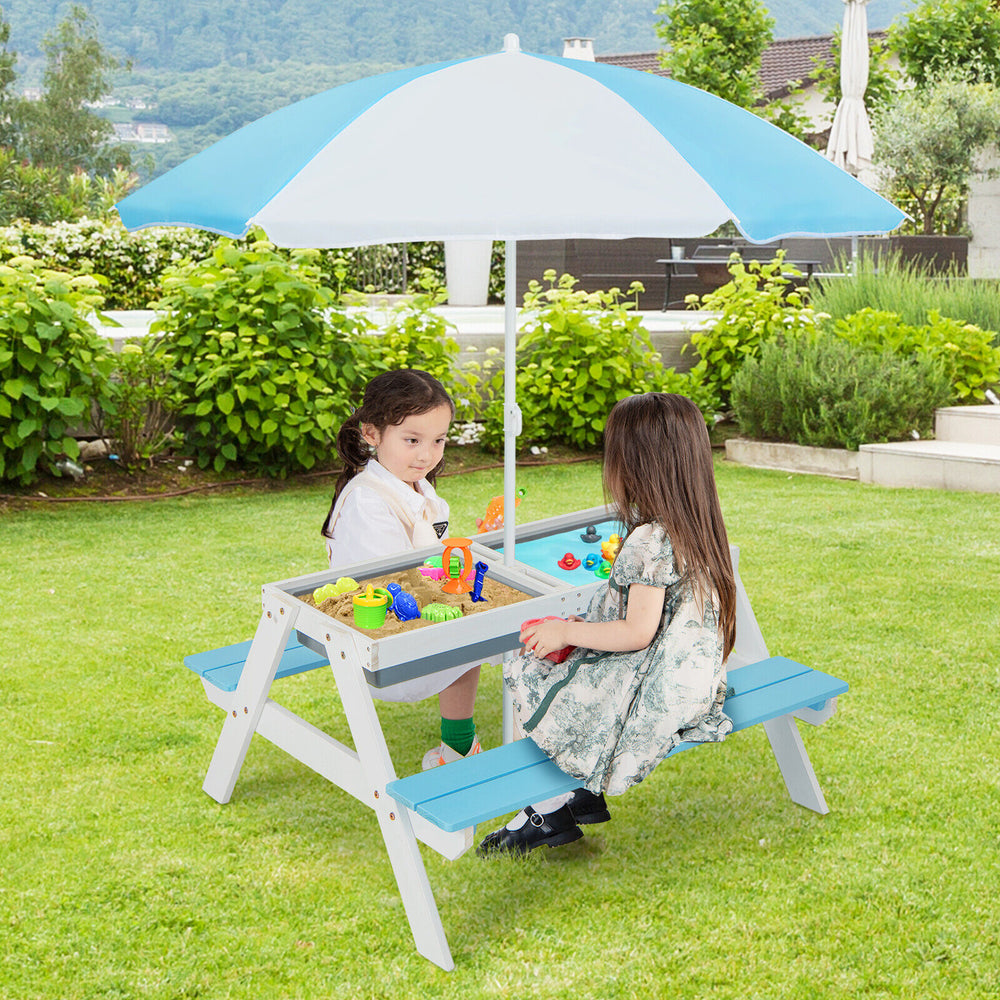 3-in-1 Kids Outdoor Picnic Water Sand Table with Umbrella Play Boxes-Blue - Gallery View 1 of 10