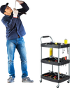 Mobile rolling cart with three layers, sturdy metal construction, and tools organized for efficient use in a garage.