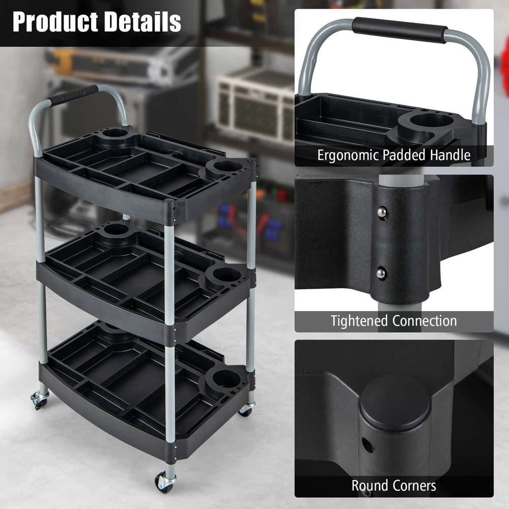 Detail view of the ergonomic padded handle on a black 3-layer mobile rolling cart, designed for easy maneuverability.
