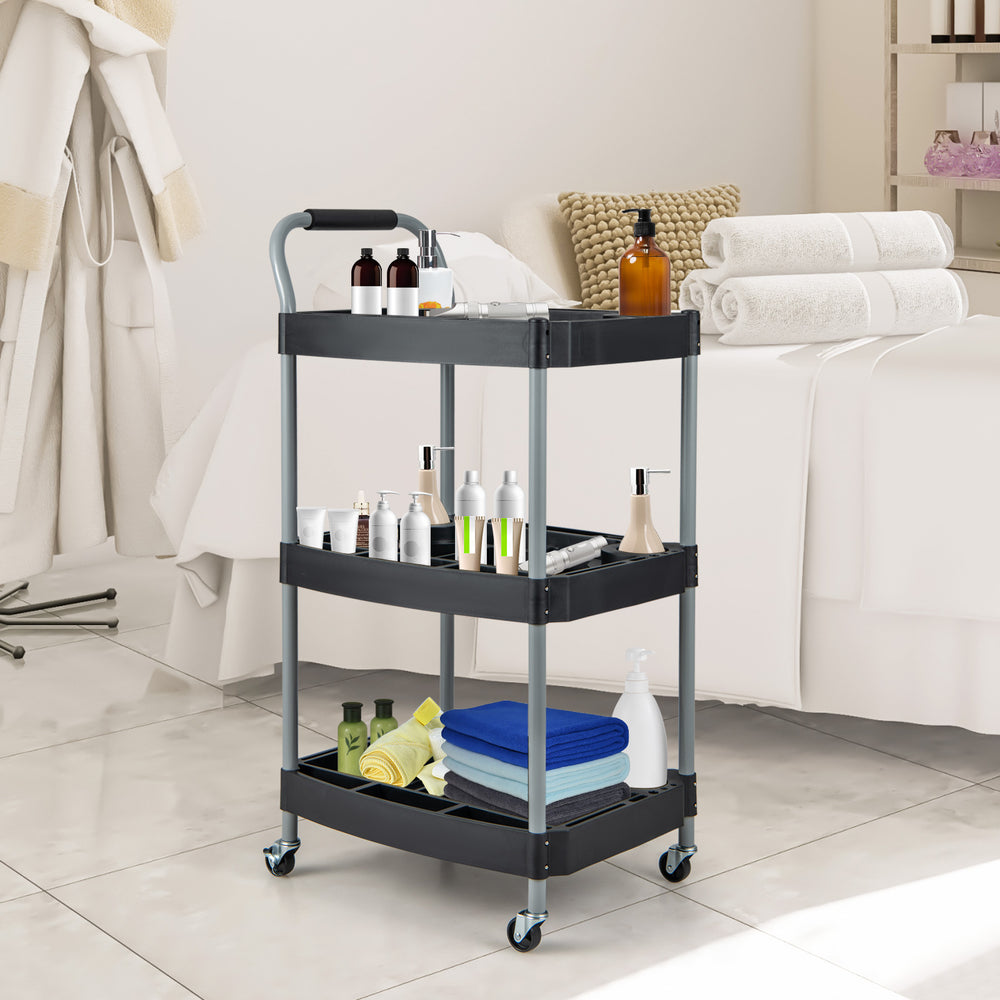 3-layer mobile rolling cart in black with sturdy metal pipes, ideal for organizing tools in beauty salons or garages.