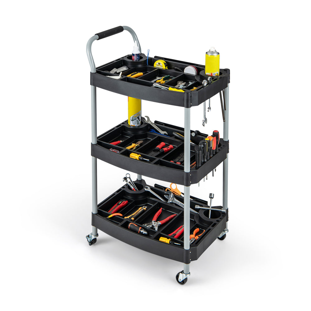 3-layer mobile rolling cart tool organizer with sturdy metal pipes and PP shelves, ideal for garage and salon storage.