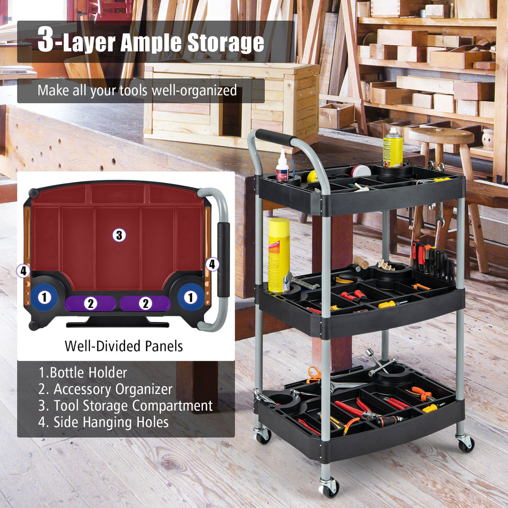 3-layer black tool organizer cart with well-divided panels, universal wheels, and sturdy construction for efficient.