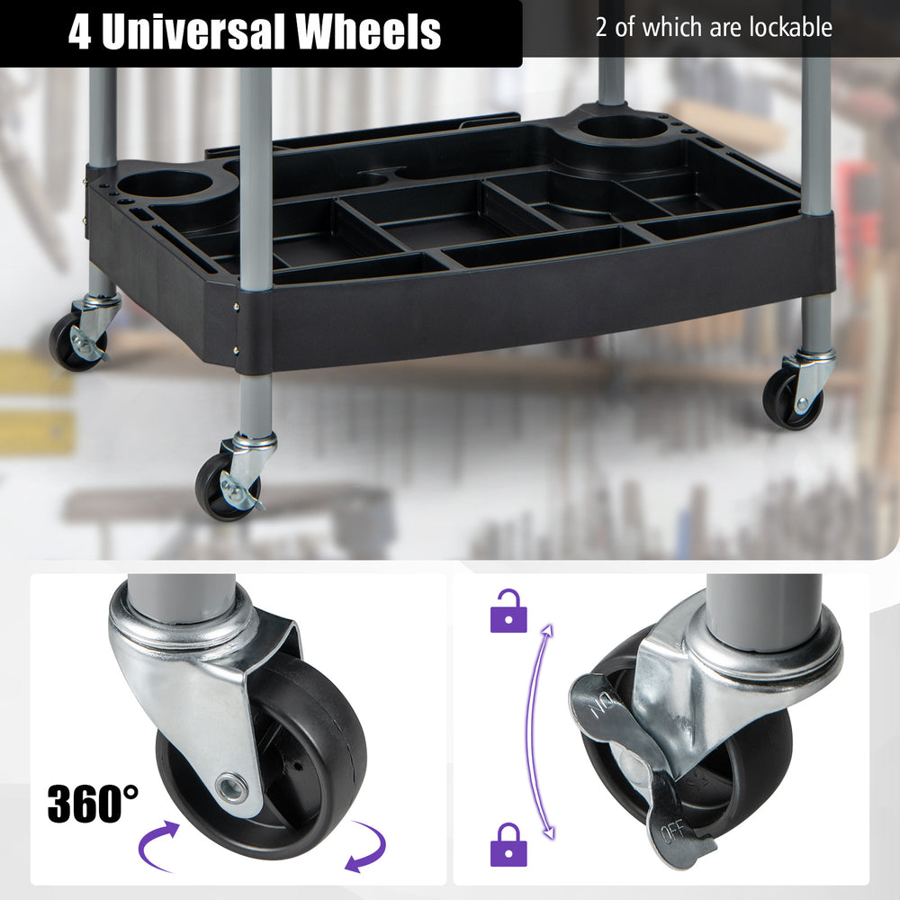 Close-up of the 360-degree universal wheels on a black 3-layer detailing tool utility cart, featuring two lockable.