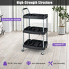 3-layer mobile rolling cart in black with sturdy PP shelves, ideal for tool organization in garages or salons.