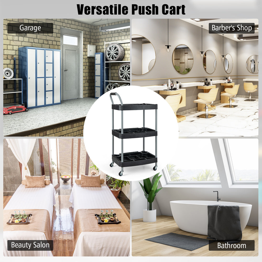 3-layer black mobile rolling cart with sturdy metal pipes and PP shelves, ideal for beauty salons, garages, and more.