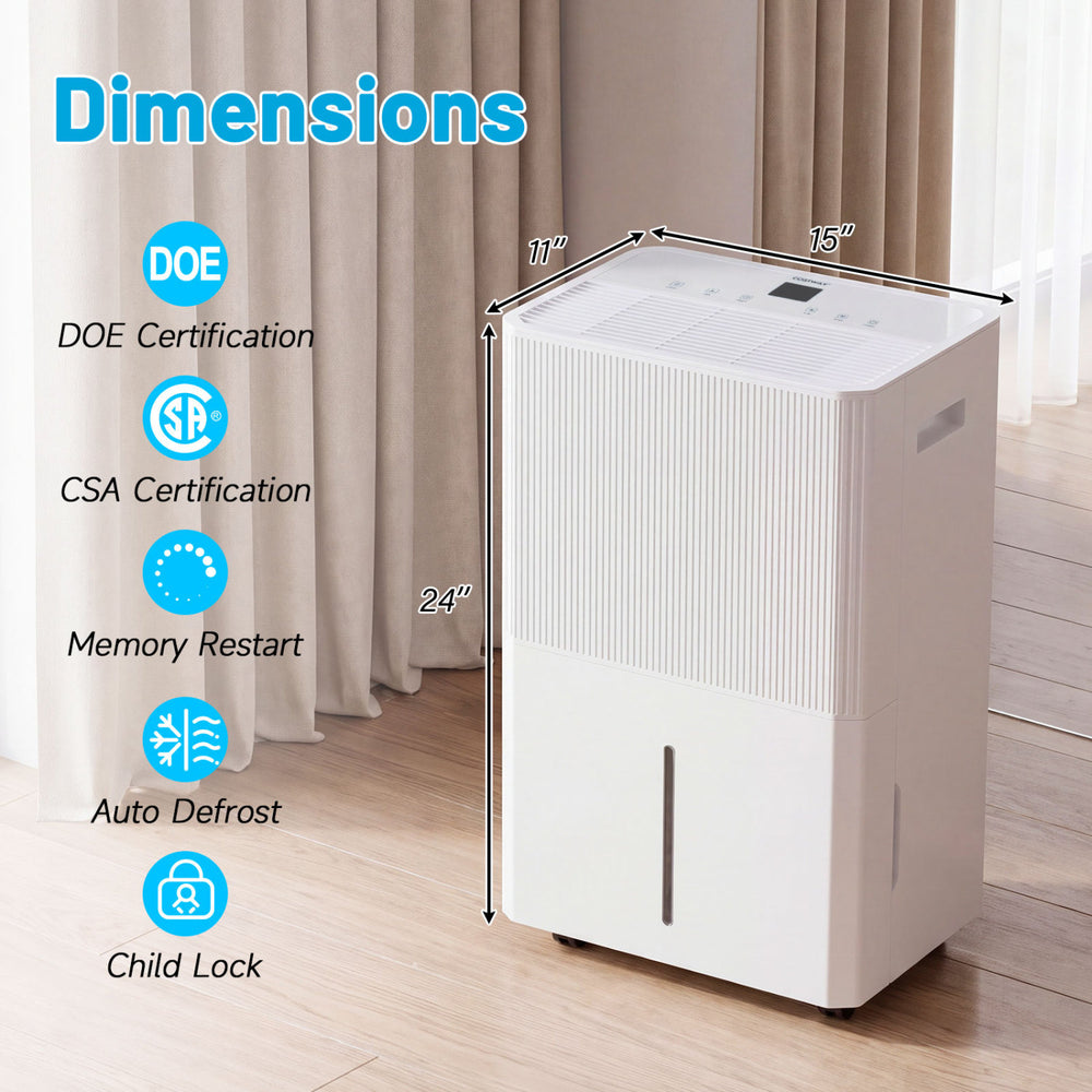 3 Modes Dehumidifier with LED display, measuring 11" x 15" x 24", designed for up to 6500 sq.ft. home use.