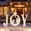 White JOY nativity Christmas yard sign set features a Holy Family silhouette, perfect for festive outdoor displays.