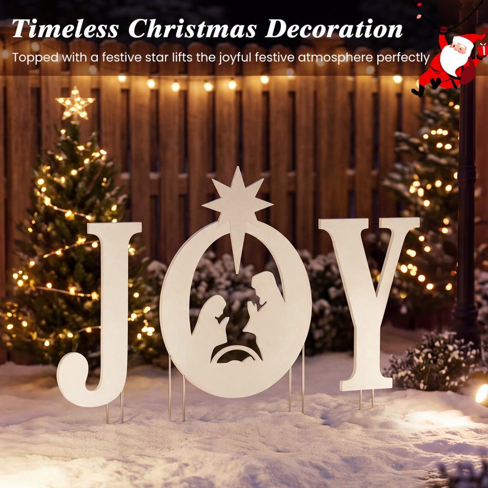 White JOY nativity Christmas yard sign set featuring a holy family silhouette, perfect for festive outdoor decoration.