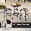 Bar height table set with wood-grained DPC tabletop and breathable fabric stools, ideal for outdoor relaxation.
