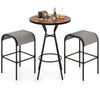 Outdoor bar table set featuring a wood-grained tabletop and two breathable fabric stools, ideal for patio relaxation.