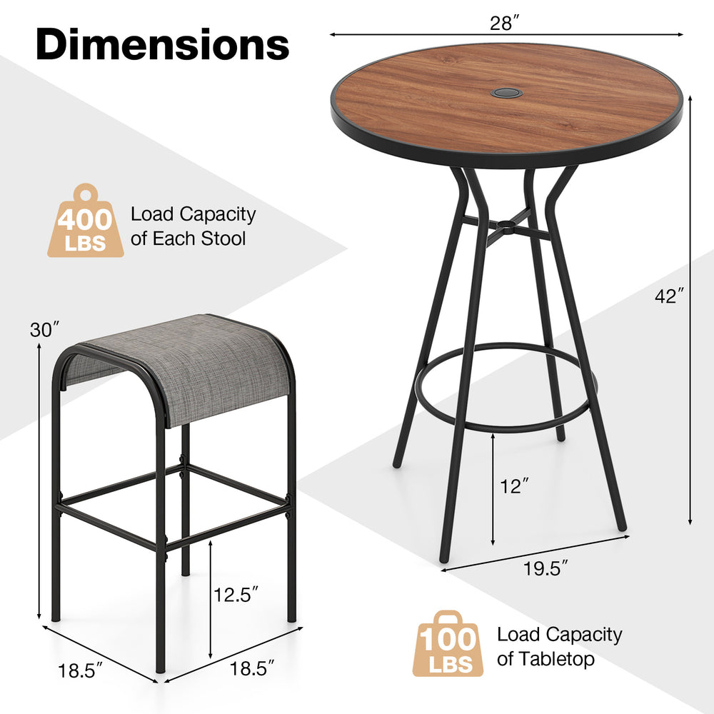 Bar height table and stool dimensions for the 3 Pieces Outdoor Round Bar Table Set with wood-grained DPC tabletop.