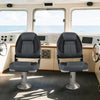 Two high-back folding boat seats in black with ergonomic design and 28D soft sponge padding for comfort and support.